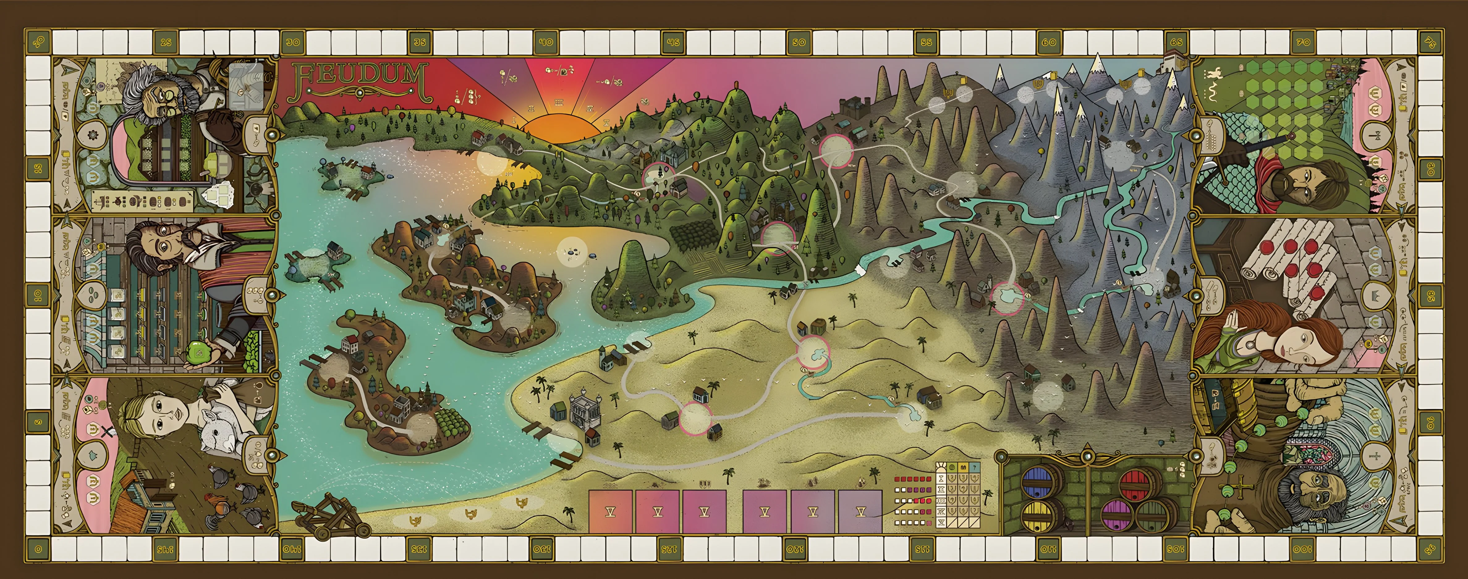 The Feudum board, with its illustrated roads, towns and countryside.